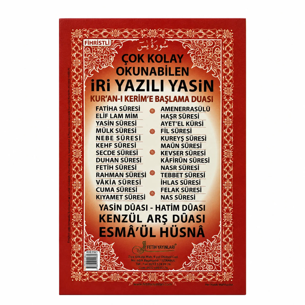Orta Boy Arapça İri Yazılı Yasin-i Şerif