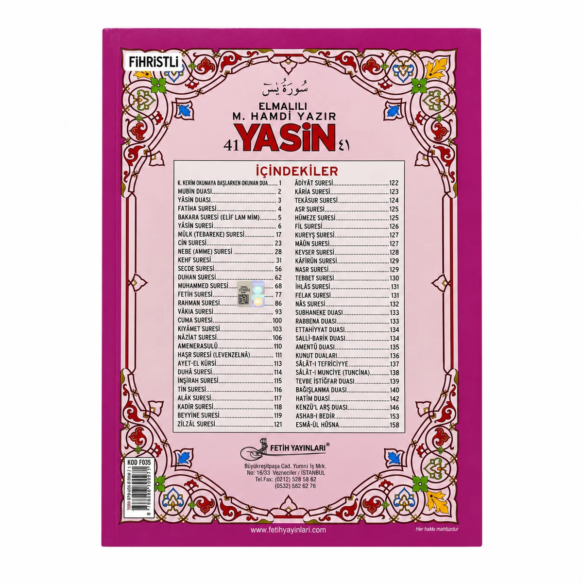 Cami Boy Genişletilmiş Türkçeli Yasin-i Şerif (160 Sayfa)