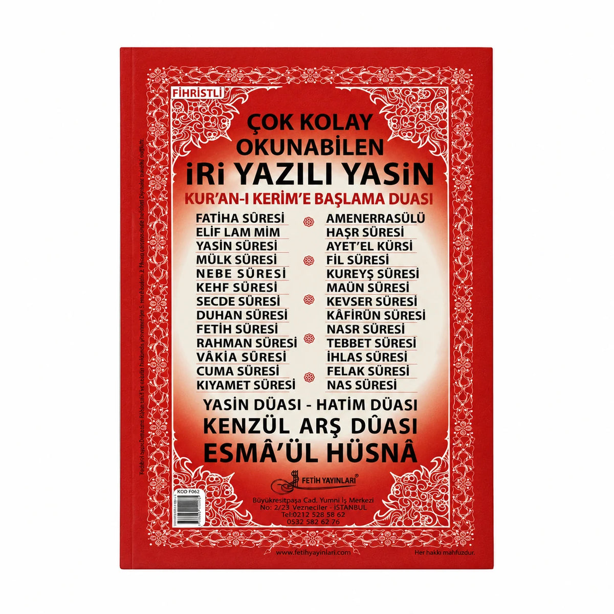 Cami Boy Arapça İri Yazılı Yasin-i Şerif