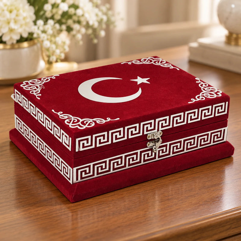 Orta Boy Ayyıldızlı Kadife Kaplı Sandıklı Kur'an-ı Kerim